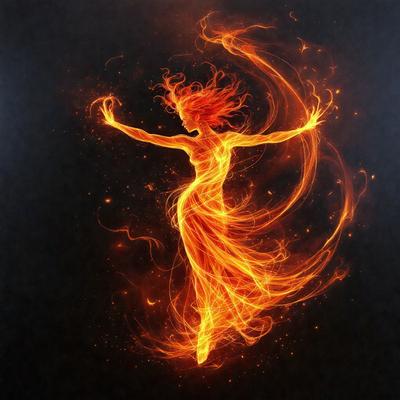 The primary subject of the image is a woman, who is the main focus of the scene. She is depicted as a silhouette, with her arms outstretched, and her hair flowing in the wind. The setting is a dark background, which contrasts with the woman's figure, creating a dramatic and artistic effect. The visual style of the image is a combination of digital art and illustration, with the woman's silhouette and the flowing hair being the main elements. The colors in the